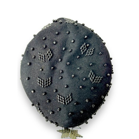 1940s black beaded hat small cocktail hat with wire stays by Austelle
